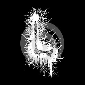 Metal music band`s font.White letter with smudges on black background.