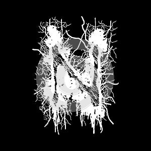 Metal music band`s font.White letter with smudges on black background.