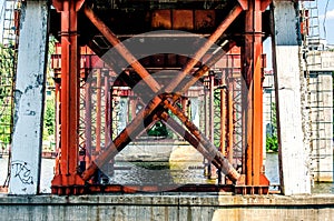 Metal and old concrete supports of the fishing bridge over the river Dnieper. Kiev, Ukraine.