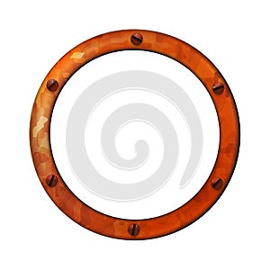 Metal Old rusty frame with screws, in circle form, isolated on white background. Photo border, just the right thing for your
