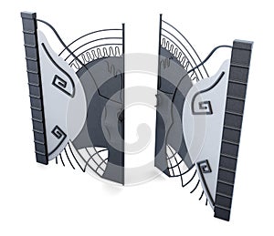 Metal open gate on white background. 3d render image