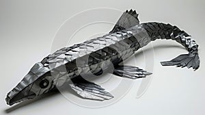 A metal origami arapaima with elongated body and intricate scales photo