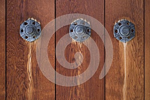 Metal ornaments on a wooden doorl