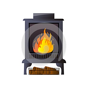 Metal or other material fireplace with burning fire and gate