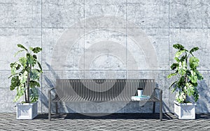 Metal outdoor bench with decorative plants on bright concrete wall background, outdoor exterior