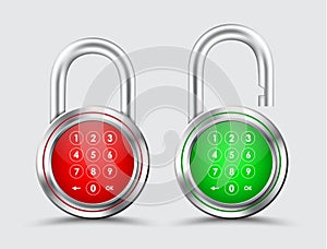 Metal padlocks, digital password on a red and green dial.