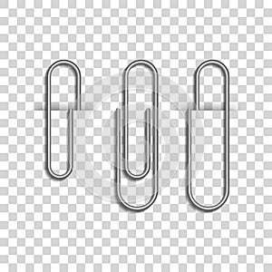 Metal paper clips isolated on transparent background. Metal paper clips attached to paper. Vector illustration photo