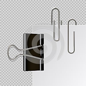 Metal paper clips. Realistic black binder paperclips isolated on white sheet. Vector illustration holder on transparent