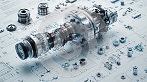 A metal part lying on an engineering drawing . Engineering drawing