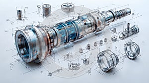 A metal part lying on an engineering drawing . Engineering drawing