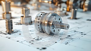 A metal part lying on an engineering drawing . Engineering drawing