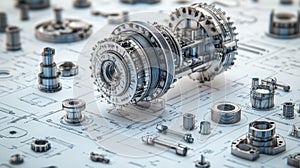 A metal part lying on an engineering drawing . Engineering drawing
