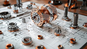 A metal part lying on an engineering drawing . Engineering drawing