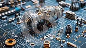 A metal part lying on an engineering drawing . Engineering drawing