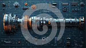 A metal part lying on an engineering drawing . Engineering drawing