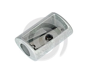 Metal pencil sharpener on a white background.
