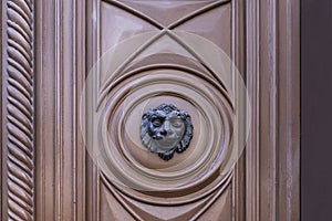 A metal piece shaped like a lion's head embedded in a vintage exterior wooden door