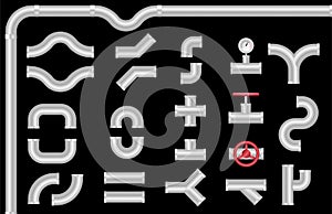 Metal pipe connectors and valve. Plumbing construction. Isolated vector set.