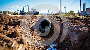 Metal pipe in trench with dirt, pipeline construction in ground, old underground water line. Concept of technology, oil, gas, work