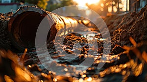 Metal pipe in trench at sunset, pipeline construction in ground, scenery of underground water line, sun and dirt. Concept of