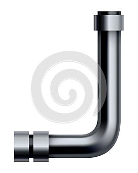 Metal pipeline. Industrial conduit with connection. 3d glossy stainless steel tube for water or gas. Element of
