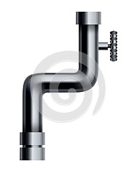 Metal pipeline. Industrial conduit with connection and valve. 3d glossy stainless steel tube for water or gas. Element