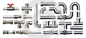 Metal pipeline. Realistic industrial conduit with connections and valves. 3D stainless steel or plastic tubes for water