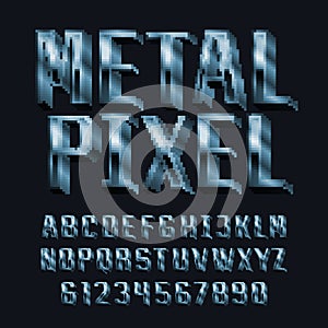 Metal Pixel alphabet font.3D pixel letters and numbers.