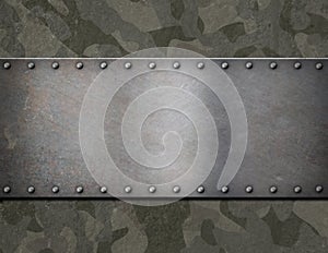 Metal plaque over military camouflage armor 3d illustration