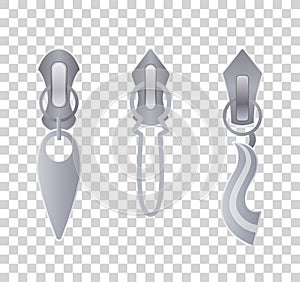 Metal or plastic fasteners, zippers. Fastener and zipper isolated, zippered accessories illustration. Set of silver