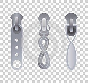 Metal or plastic fasteners, zippers. Fastener and zipper isolated, zippered accessories illustration. Set of silver