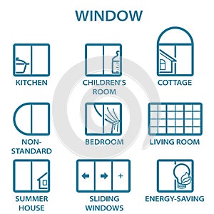 Metal and plastic windows icons line icon set