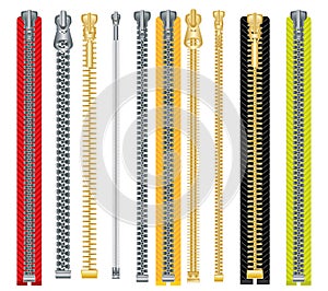 Metal and Plastic Zipper Set Isolated on White Background.