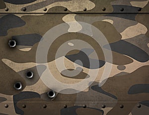 Metal plate with camouflage and bullet holes 3d illustration