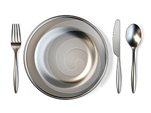 Metal plate, fork, knife and spoon 3D