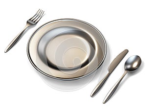 Metal plate, fork, knife and spoon side view 3D rendering