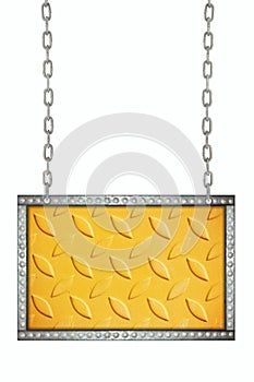 Metal plate signboard hanging on chains isolated
