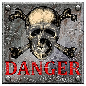 A metal plate with a skull and the words danger