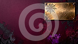 Metal plate with spider web design on textured purple wall