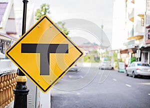 Metal Plate Traffic Sign: Intersection, Three way Junction, Split, Separate. The diamond shape sign with black T junction on