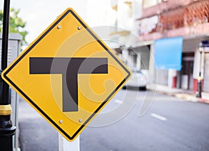 Metal Plate Traffic Sign: Intersection, Three way Junction, Split, Separate. The diamond shape sign with black T junction on