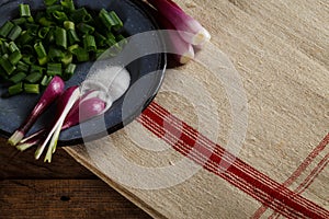 Metal plate on vintage tablecloth