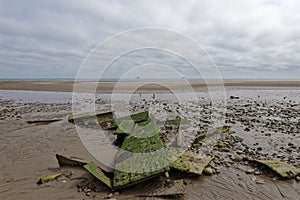 The metal plates and debris covered in Marine growth of an old Ship Wreck at Montrose Beach