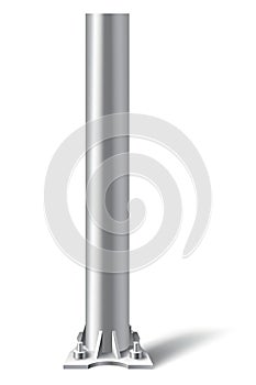 Metal pole pillar. Steel pipe bolted on flat base. Steel vertical cylinder footing for road sign, banner, billboard