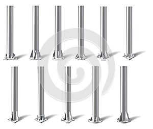 Metal pole pillars set. Steel pipes bolted on different base. Steel vertical cylinder footings for road sign, banner