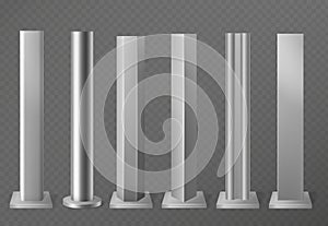 Metal poles. Metalic pillars for urban advertising sign and billboard. Polish steel columns in different section shapes photo