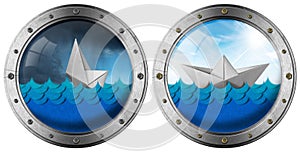Metal Porthole with Blue Waves and White Paper Boat Isolated on White