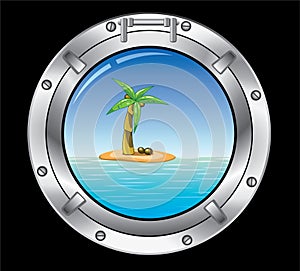 Metal porthole and palm tree photo