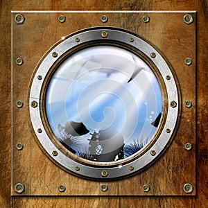 Metal Porthole with Sea Abyss Landscape photo