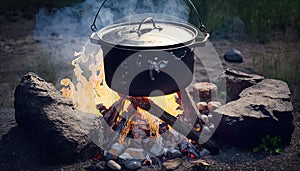 Metal pot campfire outdoors Cooking food camping trip kettle cauldron fireplace fire tour tourism balefire burn camp flames hike